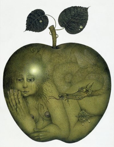 Apple and Eve and Serpent (blyerts och färgkrita på papper) av Wayne Anderson