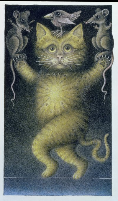 Cat on a Tightrope, balancing with Bird and Mice (blyerts och färgkrita på papper) av Wayne Anderson