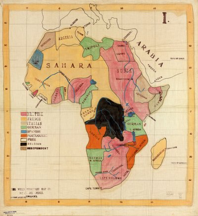 The Wells Missionary Map Co., 3612 Prairie Avenue, Chicago, ansökt om upphovsrätt. Tyg karta. Penna-och-bläck, penna, krita och akvarell; ortnamn, namn i legend och koordinater mekaniskt ritade med svart bläck. I. Tillgänglig även via biblioteket av Wells Missionary Map Co.