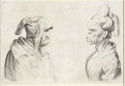 Deformerade huvuden på en man med en disketthatt och en kvinna med bundet hår Varie figurae et probae (serietitel) Karikatyrer, huvuden och missbildningar efter Leonardo da Vinci (serietitel) av Wenceslaus Hollar (attributed to)
