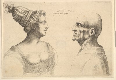 En hona med hår bundet bakåt och en skallig hane vänd mot varandra, 1645. av Wenceslaus Hollar