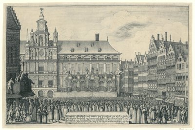 Tillkännagivande av freden i Munster i Antwerpen, 1648 Eygentlycke skildrar sättet för publiceringen av den Peys, mellan syne Mayesteyt den Coninck van Spagnien, och Heeren Staten Generael van de Vereenich[de] Nederlanden på en Heerlyc av Wenceslaus Hollar