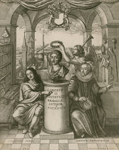 Byst av Charles II, med Lord Brouncker (vänster), den första presidenten för Royal Society, och Francis Bacon (höger) av Wenceslaus Hollar