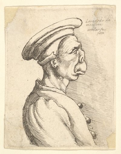 Byst av en man med platt näsa och utstående mun, iklädd platt mössa och knäppt kappa i..., 1660. av Wenceslaus Hollar