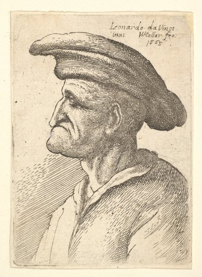 Byst av äldre man med näsa som möter underläppen, bär bred platt mössa i profil t..., 1665. av Wenceslaus Hollar
