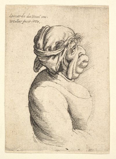 Byst av kvinna med utstående mun iklädd lågskuren klänning och tyg bunden runt hennes huvud..., 1660. av Wenceslaus Hollar