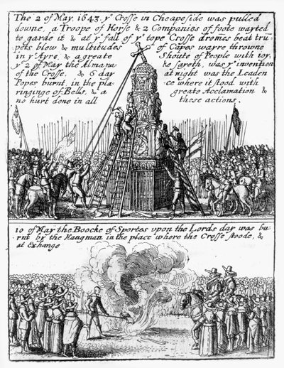 Förstörelse av Cheapside Cross; "Idrottsboken" brann på platsen av Wenceslaus Hollar