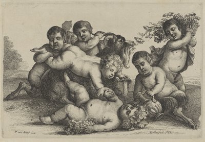 Tre små pojkar, två satyrer och en bacchant en get Putti and Satyrs (serietitel) av Wenceslaus Hollar