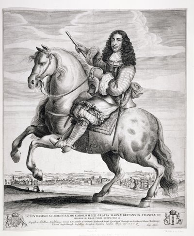 Ryttarporträtt av Karl II (1630-85) med ett landskap, publicerat ca 1670 av Wenceslaus Hollar