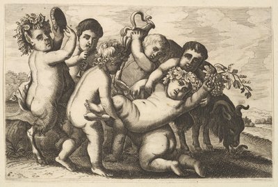 Fem pojkar, två satyrer och en getkopia, 1600-tal. av Wenceslaus Hollar