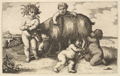 Fyra pojkar, en ung satyr, och en get kopia på omvänd, 1600-tal. av Wenceslaus Hollar