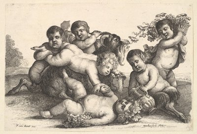Fyra pojkar, två satyrer och en get, 1654. av Wenceslaus Hollar