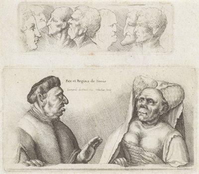 Frisiska med studiehuvuden / karikatyrer av kungen och drottningen av Tunisien Rex et Regina de Tunis (titel på objekt) Varie figurae et probae (serietitel) Karikatyrer, huvuden och missbildningar efter Leonardo da Vinci (serietitel) av Wenceslaus Hollar