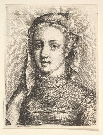 Huvud och axlar av en kvinna med slöja och genomskinlig halsduk, 1645. av Wenceslaus Hollar