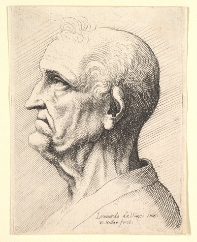 Huvud av en gammal man med lockigt hår runt örat i profil till vänster, 1644-52. av Wenceslaus Hollar