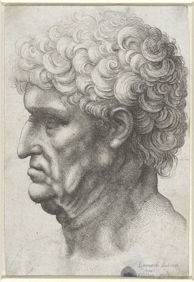Mannens huvud med lockigt hår, i profil av Wenceslaus Hollar