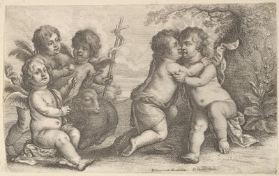 Jesus och St. Johannes omfamnar, med keruber, 1646. av Wenceslaus Hollar