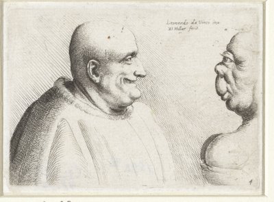 Huvuden på en stor skallig man och grotesk kvinna Varie figurae et probae (serietitel) Karikatyrer, huvuden och missbildningar efter Leonardo da Vinci (serietitel) av Wenceslaus Hollar