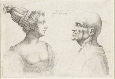 Huvuden på en skallig man och kvinna med turbaner Varie figurae et probae (serietitel) Karikatyrer, huvuden och missbildningar efter Leonardo da Vinci (serietitel) av Wenceslaus Hollar