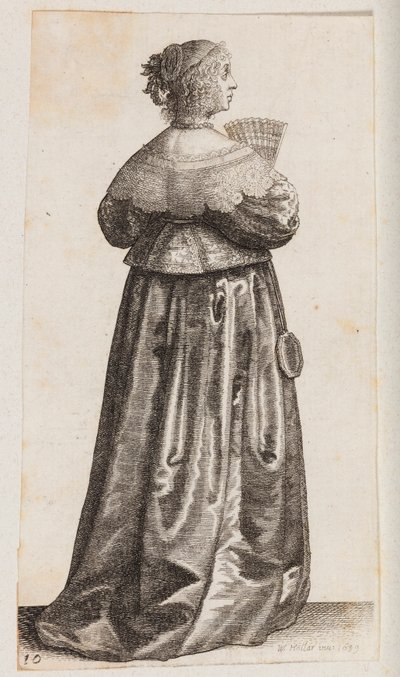 Kvinna med en solfjäder och en spegel, sedd bakifrån av Wenceslaus Hollar