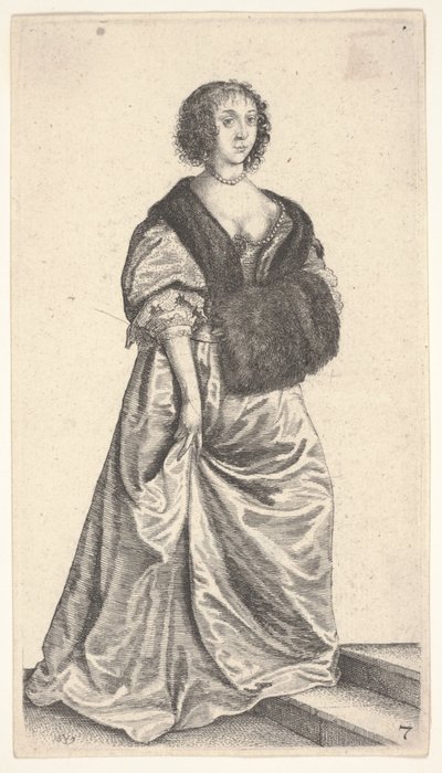 Dam med pälsmuff som står på två trappsteg av Wenceslaus Hollar