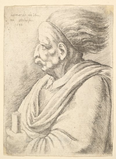 Man med karikerade drag och hår som strömmar bakom, i halvlängd till vänster, 1648. av Wenceslaus Hollar