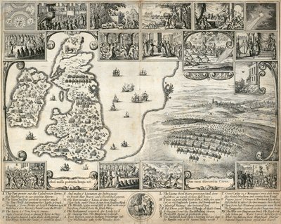 Karta över de brittiska öarna och illustrationer av 1600-talets historiska händelser, c1659 av Wenceslaus Hollar