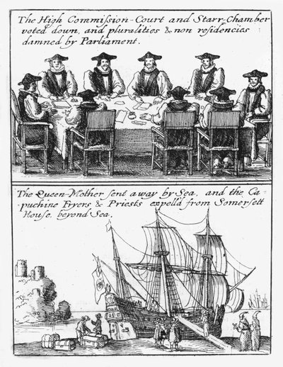 ledamöter av stjärnkammaren; Drottning Henrietta Maria seglar från England av Wenceslaus Hollar