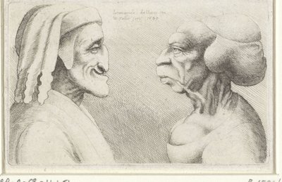 Deformerade karikatyrhuvuden av en man med hatt (Dante?) och en kvinna Varie figurae et probae (serietitel) Karikatyrer, huvuden och missbildningar efter Leonardo da Vinci (serietitel) av Wenceslaus Hollar