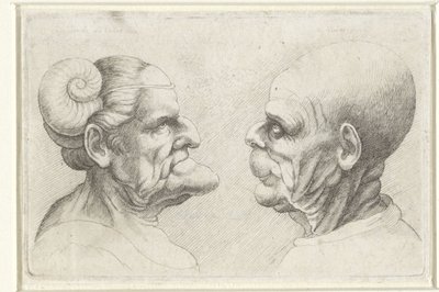 Deformerade huvuden på en skallig man och kvinna med horn på huvudet Varie figurae et probae (serietitel) Karikatyrer, huvuden och missbildningar efter Leonardo da Vinci (serietitel) av Wenceslaus Hollar