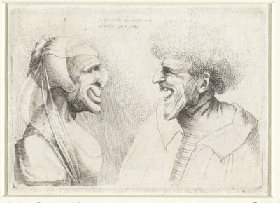 Deformerade huvuden på en leende man och kvinna med en huvudmössa Varie figurae et probae (serietitel) Karikatyrer, huvuden och missbildningar efter Leonardo da Vinci (serietitel) av Wenceslaus Hollar