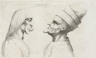 Deformerade huvuden på en kvinna med rakt hår och en man med en dubbelbrättad hatt Varie figurae et probae (serietitel) Karikatyrer, huvuden och missbildningar efter Leonardo da Vinci (serietitel) av Wenceslaus Hollar
