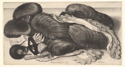 Muffar och klädesplagg på ett bord av Wenceslaus Hollar