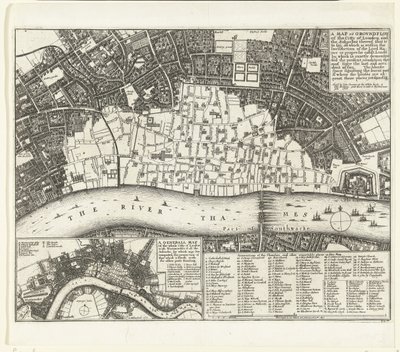 Karta över London efter den stora branden 1666 En karta eller tomt över London City and the Suburbes (...) (titel på objekt) av Wenceslaus Hollar