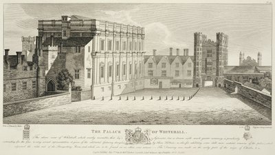 The Palace of Whitehall, från en teckning i Pepysian Library, Cambridge, publicerad 1809 av Wenceslaus Hollar