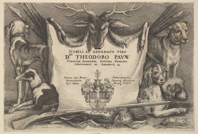 Titelblad med hundar och jaktutrustning, 1646. av Wenceslaus Hollar
