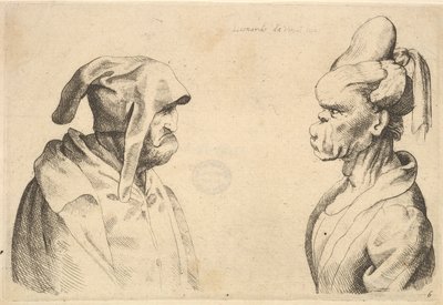 Två deformerade huvuden mot varandra, 1625-77. av Wenceslaus Hollar