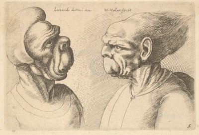 Två deformerade huvuden vända inåt, 1625-77. av Wenceslaus Hollar