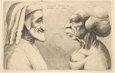 Två deformerade huvuden figuren till vänster är möjligen en karikatyr av Dante, 1645. av Wenceslaus Hollar