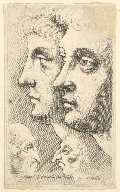Två ynglingar i profil till vänster med två groteska huvuden vända mot varandra nedanför, 1625-77. av Wenceslaus Hollar