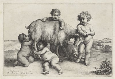 Fyra pojkar, en satyr och en get som står till höger Putti and Satyrs (serietitel) av Wenceslaus Hollar