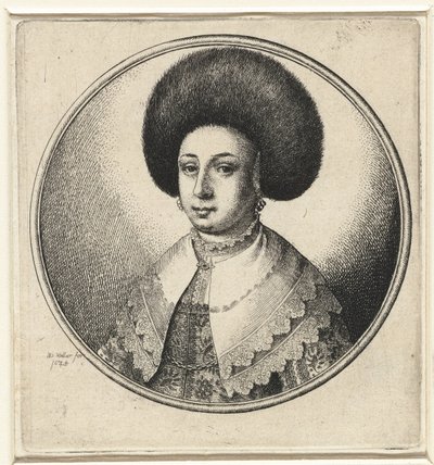 Kvinna med spetskrage, örhängen och pälsmössa Kvinnliga byster i runda ramar (serietitel) av Wenceslaus Hollar