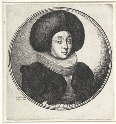 Kvinna med volangkrage och stor pälsmössa Medaljonger med kvinnobyster (serietitel) av Wenceslaus Hollar