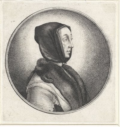 Kvinna med svart huvudduk och päls stal Medaljonger med kvinnobyster (serietitel) av Wenceslaus Hollar