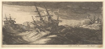 Krigsskepp och en sprutande val, 1665. av Wenceslaus Hollar