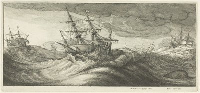 Krigsskepp och en sprutande val av Wenceslaus Hollar