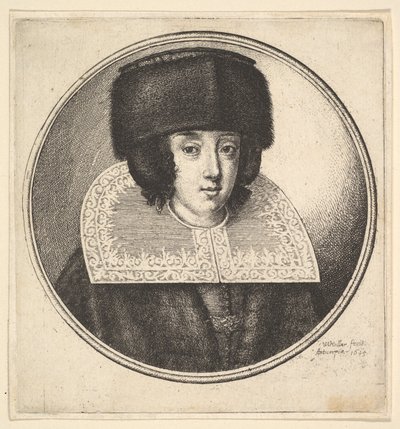 Kvinna med styv spetskrage och plattkrönt pälsmössa, 1645. av Wenceslaus Hollar