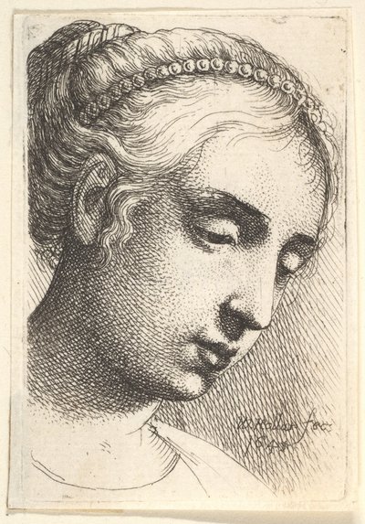Kvinna med pärlband i håret tittar nedåt till höger, 1645. av Wenceslaus Hollar