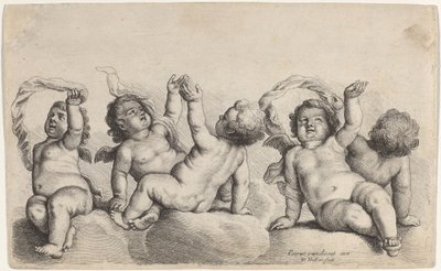 Tre keruber och två pojkar höjer varsin arm på molnen av Wenceslaus Hollar, after Peeter van Avont