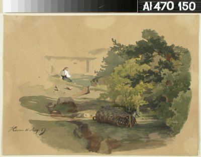 Landschaft mit Schindelkorb und sitzender Frau av Werner Holmberg